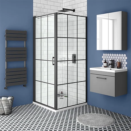 Arezzo 700 x 700 Matt Black Grid Frameless Pivot Door Shower Enclosure + Tray 1 Arezzo 700 x 700 Matt Black Grid Frameless Pivot Door Shower Enclosure + Tray