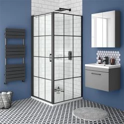 Arezzo 900 x 900 Matt Black Grid Frameless Pivot Door Shower Enclosure + Tray