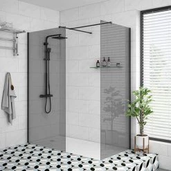 Arezzo Matt Black 1400 x 900 Grey Tinted Glass Wet Room (inc. Screen, Side Panel + Tray)