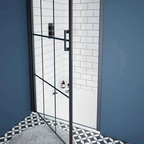 Arezzo 800mm Matt Black Grid Frameless Pivot Shower Door + Tray for Recess 2 Arezzo 800mm Matt Black Grid Frameless Pivot Shower Door + Tray for Recess - Image 2