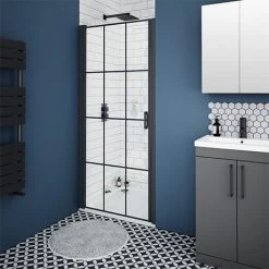 Arezzo 800mm Matt Black Grid Frameless Pivot Shower Door + Tray for Recess