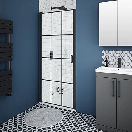 Arezzo 800mm Matt Black Grid Frameless Pivot Shower Door + Tray for Recess 1 Arezzo 800mm Matt Black Grid Frameless Pivot Shower Door + Tray for Recess