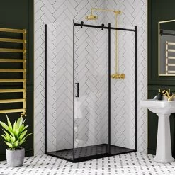 Arezzo Matt Black 1200 x 800 Frameless Sliding Door Shower Enclosure with Black Tray