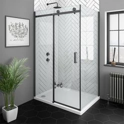 Arezzo Matt Black 1400 x 800mm Frameless Sliding Door Shower Enclosure