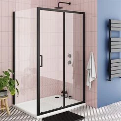 Toreno Matt Black 1000 x 800mm Sliding Door Shower Enclosure + Pearlstone Tray