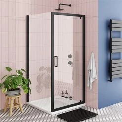 Toreno Matt Black 760 x 760mm Pivot Door Shower Enclosure + Pearlstone Tray