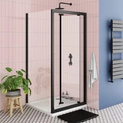 Toreno Matt Black 700 x 700mm Bi-Fold Door Shower Enclosure + Pearlstone Tray