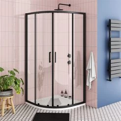 Toreno Matt Black 900 x 900mm Quadrant Shower Enclosure + Pearlstone Tray