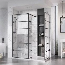 Roman Liberty Black Grid Wetroom Screen + Wall Arm Support - Various Sizes (2000mm High) -Shower Enclosure Ranges Shop GPB757 D2 460
