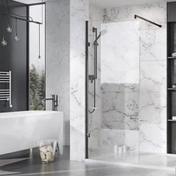 Roman Liberty Black Clear Glass Wetroom Screen + Wall Arm Support - Various Sizes (2000mm High)