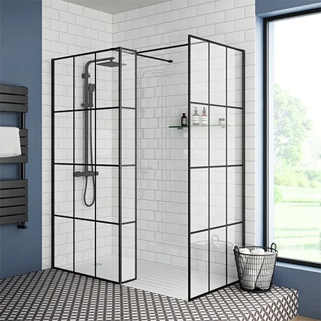 Arezzo 1950mm Matt Black Grid Wetroom Screen + Support Arm 1 Arezzo 1950mm Matt Black Grid Wetroom Screen + Support Arm