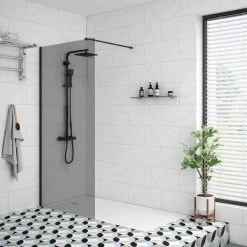 Arezzo 1900mm Grey Tinted Glass Wetroom Screen inc. Matt Black Profile + Support Arm -Shower Enclosure Ranges Shop MBTG nd2 460